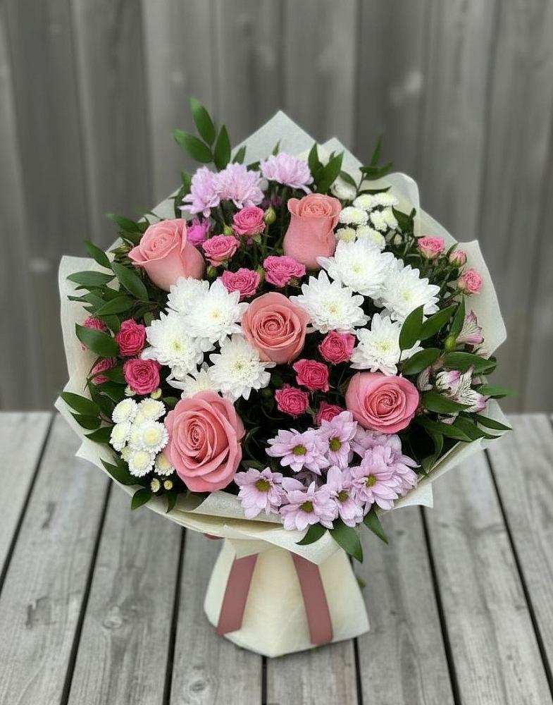 Букет цветов из: Альстромерии, Гвоздики, Розы и Хризантемы в Ильино-Поляна