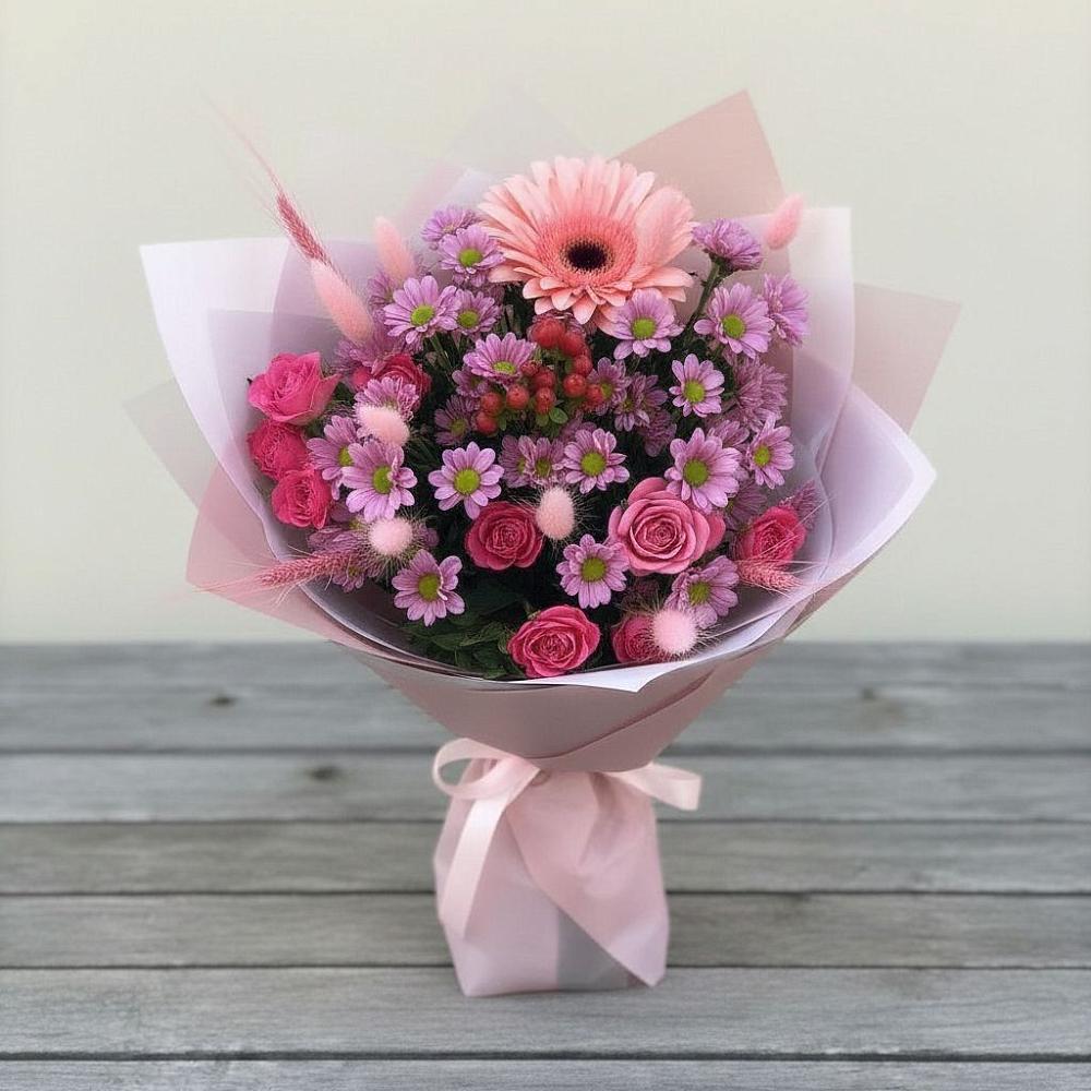 Букет цветов из: Розы, Герберы и Хризантемы в Ильино-Поляна
