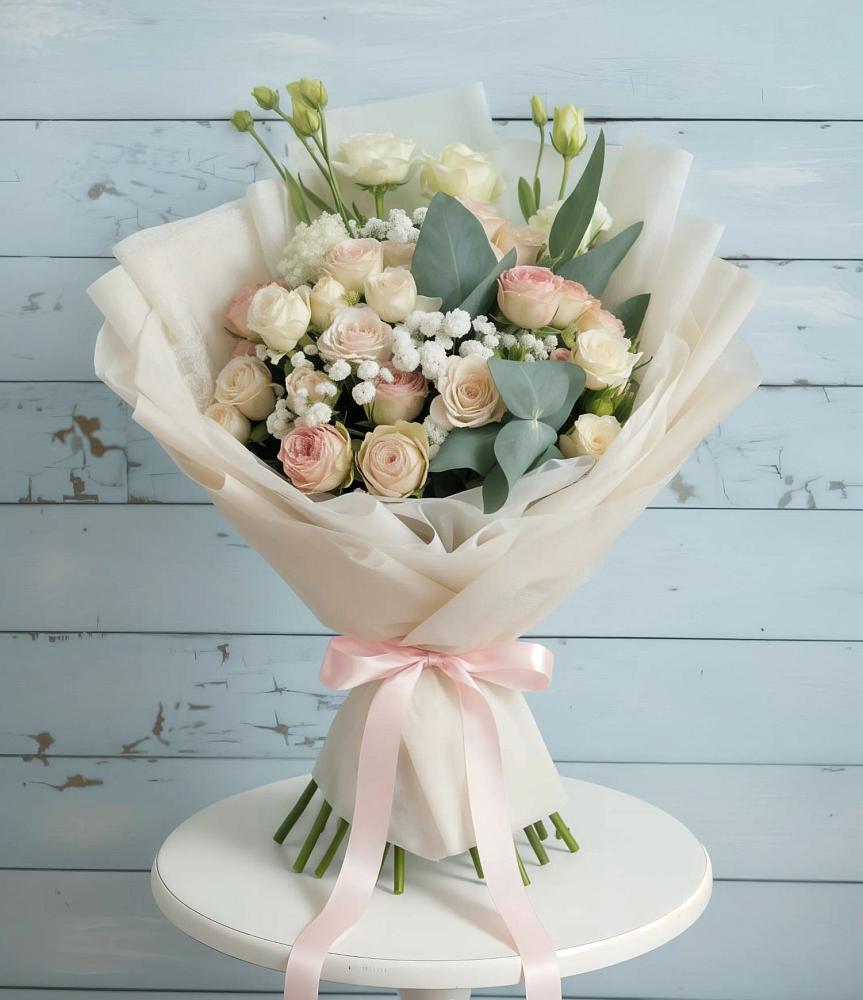 Букет цветов из: Розы и Лизиантусы в Ильино-Поляна